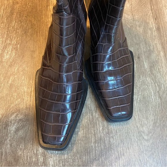 Zara Dark Brown Croc Embossed Knee-High Boots - Picture 8 of 14